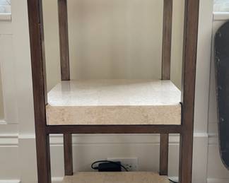 Limestone and Burnished Metal Side Table With Three Shelves. Measures 14" x 14" x 29" H. Photo 1 of 2.
