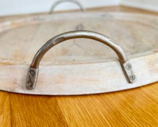 Rustic Round Wood Charcuterie Board with Metal Handles. Measures 19.5" D. Photo 3 of 3.