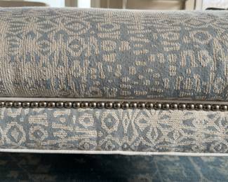 Custom Blue & White Upholstered Down-Filled Ottoman with Barley Twist Legs on Casters and Nailhead Trim. Measures 29" x 40" x 16" H. Photo 3 of 4.