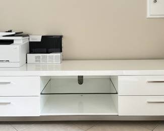 White Lacquered Bench / Credenza / Media Cabinet. Measures 78" W x 20" D x 20" H. Photo 1 of 3.