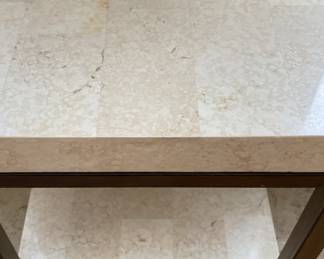 Limestone and Burnished Metal Side Table With Three Shelves. Measures 14" x 14" x 29" H. Photo 2 of 2.