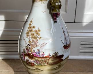 Pair of Asian Motif Porcelain Table Lamps on Gilt Base. Each Measures 36" H. Photo 3 of 3.