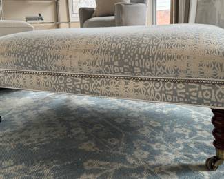 Custom Blue & White Upholstered Down-Filled Ottoman with Barley Twist Legs on Casters and Nailhead Trim. Measures 29" x 40" x 16" H. Photo 2 of 4.
