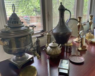 L to R: Russian Brass Samovar, Brass Teapot, Turkish WaterJug & Coffee Grinders,  items from Persia and Turkey Mid- East and Far East