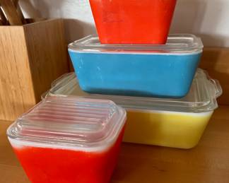 Vintage Pyrex storage containers (red, yellow, blue)