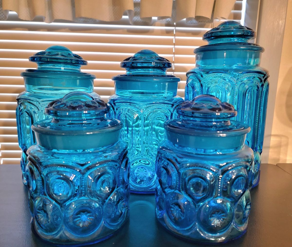 Vintage Teal Blue LE Smith Moon and Stars Glass Canisters