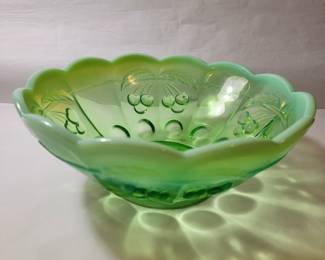 Green Opalescent Mosser Glass Cherry Thumbprint Master Round Bowl