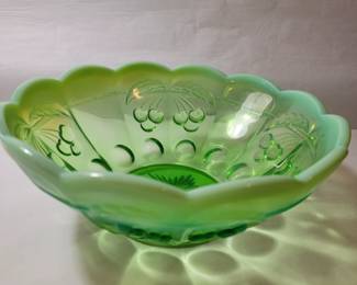 Vintage Green Opalescent Mosser Glass Cherry Thumbprint Master Round Bowl
