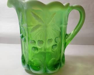 Vintage Mosser Cherry Cable Green Opalescent Pitcher 