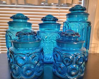Vintage Teal Blue LE Smith Moon and Stars Glass Canisters