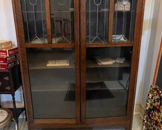 Antique Oak bookcase leaded glass windows