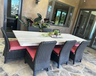 For outdoor use great plank table and wicker chairs Available now!