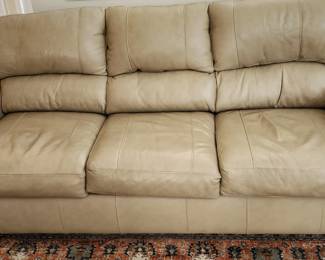 Tan leather sofa $350.00
Length  86.5" 
Depth 36.5"
Height 38.5"