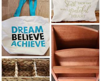 Bag full of goodies  $10
*woven decorative basket
*Wooden organizer / divider
*Inspirational pillow
* Inspirational bag!