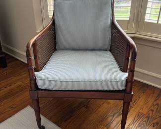 Vintage Cane Sided Chair with Faux Bamboo Frame and Blue & White French Ticking Upholstered Cushions. Photo 1 of 2. 