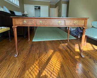 Vintage Queen-Anne Style Writing Desk with Pad Feet and Burl-Wood Front Drawers. Has Glass Top. Photo 1 of 5. 