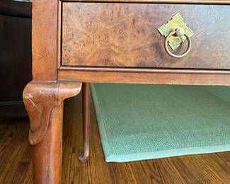 Vintage Queen-Anne Style Writing Desk with Pad Feet and Burl-Wood Front Drawers. Has Glass Top. Photo 3 of 5. 