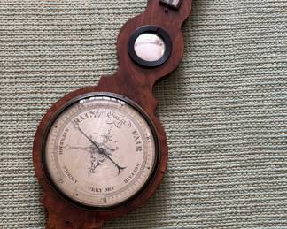 19th Century C.A. Conti & Sons Mahogany Banjo Barometer with Dry/Damp Meter, Thermometer, Mirror and Barometer. Measures 42.5" H and 12" W at Widest. Photo 1 of 4.  