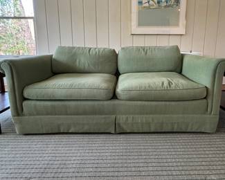 Curved Back Green Upholstered Sofa with Down-Filled Cushions. Photo 1 of 3.
