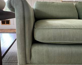 Curved Back Green Upholstered Sofa with Down-Filled Cushions. Photo 3 of 3. 