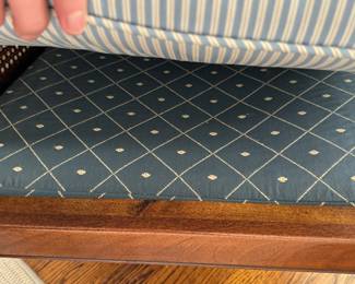 Vintage Cane Sided Chair with Faux Bamboo Frame and Blue & White French Ticking Upholstered Cushions. Photo 2 of 2.