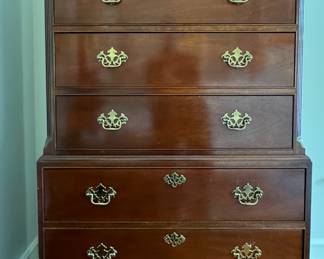 Vintage Mahogany Baker Furniture Chest on Chest 8-Drawer Chest of Drawers with Fretwork Trim. Measures 39" W x 20" D x 67" H. Photo 1 of 4. 