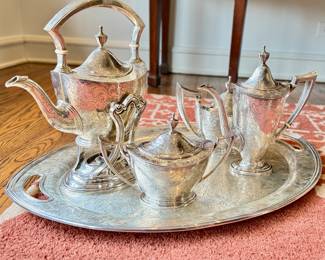 Spaulding & Company Four Piece Sterling Silver Tea Set with Sterling Silver Platter. Photo 1 of 2. 