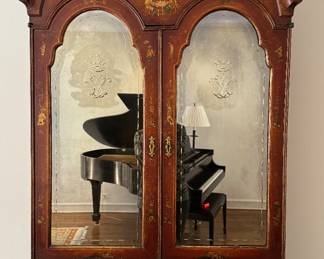 Late 18th Century Antique Georgian Chinoiserie Leather Drop Front Secretary With Mirrored Doors and Lacquered Interior. Measures 37" w x 21" D x 91" H. Photo 2 of 8.