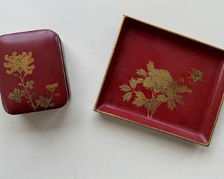 Small Red Lacquered Box and Tray. 
