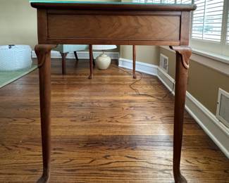Vintage Queen-Anne Style Writing Desk with Pad Feet and Burl-Wood Front Drawers. Has Glass Top. Photo 4 of 5. 