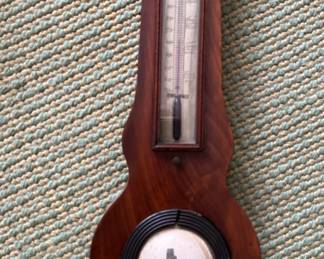19th Century C.A. Conti & Sons Mahogany Banjo Barometer with Dry/Damp Meter, Thermometer, Mirror and Barometer. Measures 42.5" H and 12" W at Widest. Photo 2 of 4.  