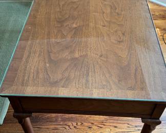 Vintage Queen-Anne Style Writing Desk with Pad Feet and Burl-Wood Front Drawers. Has Glass Top. Photo 2 of 5.