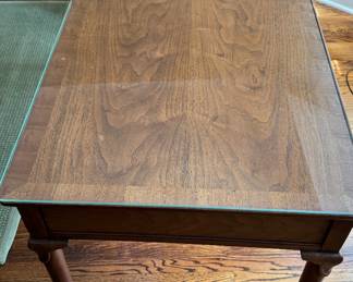 Vintage Queen-Anne Style Writing Desk with Pad Feet and Burl-Wood Front Drawers. Has Glass Top. Photo 2 of 5. 