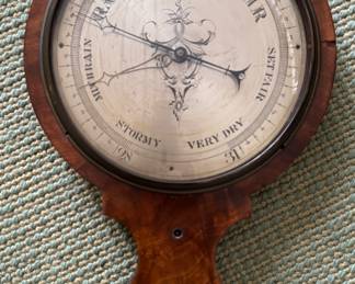 19th Century C.A. Conti & Sons Mahogany Banjo Barometer with Dry/Damp Meter, Thermometer, Mirror and Barometer. Measures 42.5" H and 12" W at Widest. Photo 4 of 4.