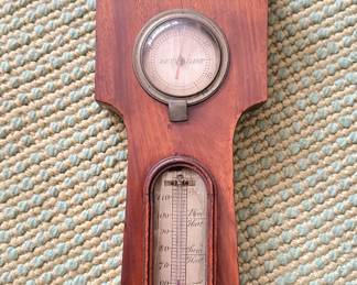 19th Century C.A. Conti & Sons Mahogany Banjo Barometer with Dry/Damp Meter, Thermometer, Mirror and Barometer. Measures 42.5" H and 12" W at Widest. Photo 3 of 4.  