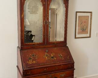 Late 18th Century Antique Georgian Chinoiserie Leather Drop Front Secretary With Mirrored Doors and Lacquered Interior. Measures 37" W x 21" D x 91" H. Photo 1 of 8. 