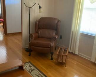 Leather recliner lamp and magazine rack
