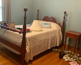 Cherry bed and dresser with side table women shoes and cloths and purses