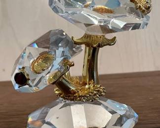 Swarovski 1980s Trimlite Crystal Mushrooms With Ladybugs With 24k Gold Plated Stems