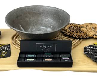 Vintage Metal Bowl Essential Oils New in Box Woven Trivets Cast