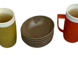 Olympian Thermal Coffee Mugs Plastic 1970s & Melmac Bowls Amber Burnt Orange Brown