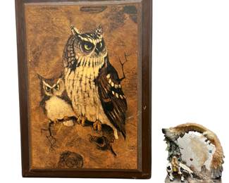 Owl Print Framed Midcentury Wall Decor Resin Native American Horse Dream Catcher Figure