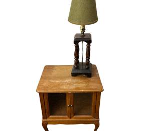 Vintage Glass Door Front Side End Table Smokers Cabinet & Brutalist Wood Lamp