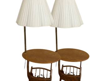 Pair Oak Finish Magazine Rack Lamp End Tables