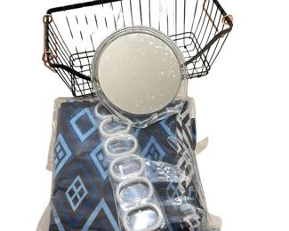 New Shower Curtain Blue Wire Bin Close Up Mirror