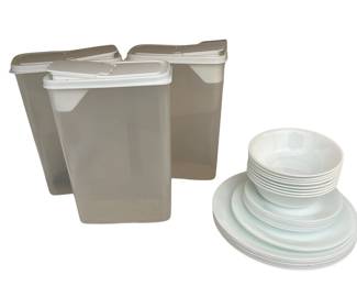 White Corelle Dishes Plates Bowls & Cereal Dispenser Canisters