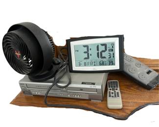 Electric LOT Fan Atomic Digital Clock Weather Station & Sanyo VHS to DVD Player