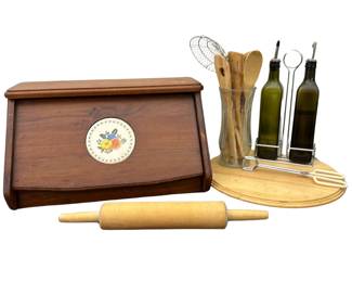 Wooden Bread Box Lazy Susan Kitchen Utensils Oil Vinegar Midcentury Country Rustic