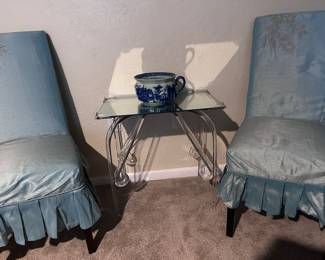 Vintage Lucite Accent Table
Parson Chairs with Peacock slip covers