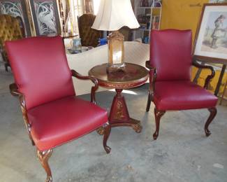 Antique goose neck arm chairs, pair, in red leather. Vintage red and gold tilt top lamp table. Vintage venetian mirrored lamp